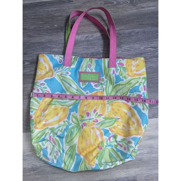 Lilly Pulitzer by Estee Lauder Large Tote Pink Green Handle Yellow Blue - Picture 3 of 6